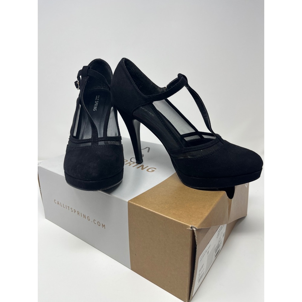 Call It Spring Cadorella Suede Mesh T-Strap Platform Stiletto Heels Women 9 Blac